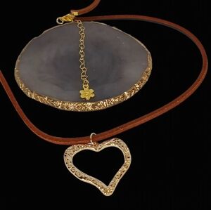 Brown Long Leather Cord Medallion Necklace Gold Heart Pendant Retro Revival 70s